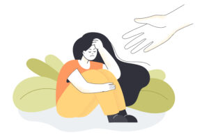 human hand stretching to young unhappy girl